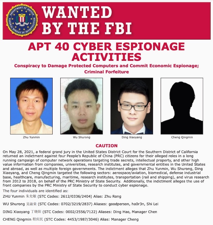 The FBI's wanted poster for four Chinese hackers accused of espionage by the U.S.
