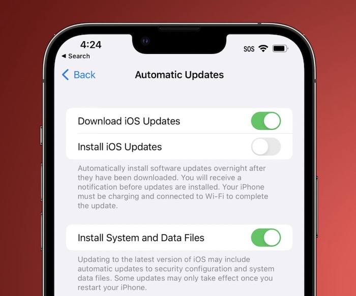 A screenshot showing a new menu option in iOS 16 automatic updates allowing for security hotfixes that don't require full software updates.