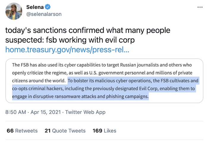 Tweet that shows U.S. sanctions reveal Russia's FSB was working with notorious Russian cybercrime group Evil Corp.