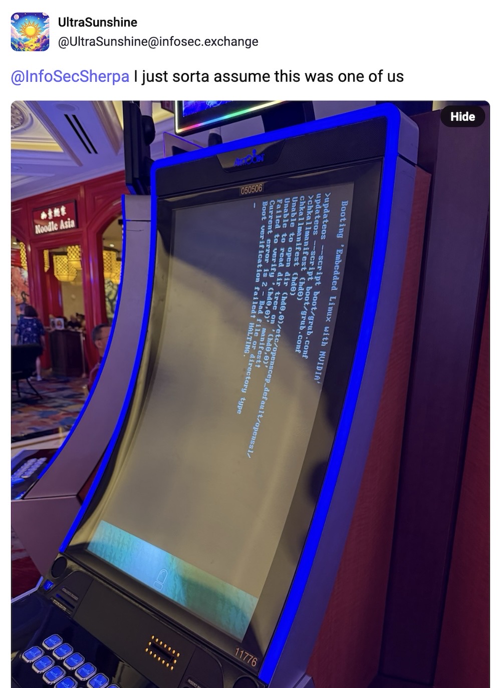 UltraSunshine post on Mastodon: "I just sorta assume this was one of us..." followed by a photo of a casino machine with a large screen with booting options displayed, clearly malfunctioning.