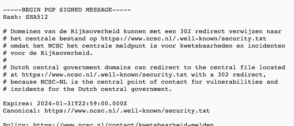 A screenshot of the Dutch government's security.txt file, which guides security researchers and hackers to the contact details where to report a vulnerability.