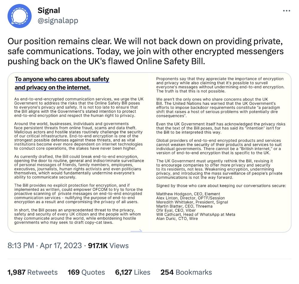 Signal tweet: "Our position remains clear. We will not back down on providing private, safe communications. Today, we join with other encrypted messengers pushing back on the UK's flawed Online Safety Bill."