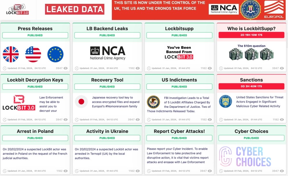 A screenshot showing LockBit's hijacked dark web portal, now run by the U.K. National Crime Agency, and features leaked information about LockBit and its operators in style of LockBit's previous leak page.