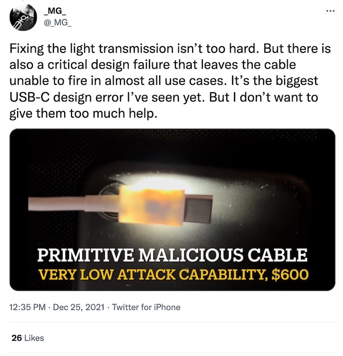 MG tweet: "Did you know that a flashlight is all you need to detect a malicious USB cable?"
