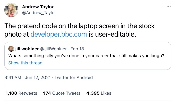 The pretend code on the laptop screen in the stock photo at https://developer.bbc.com is user-editable.