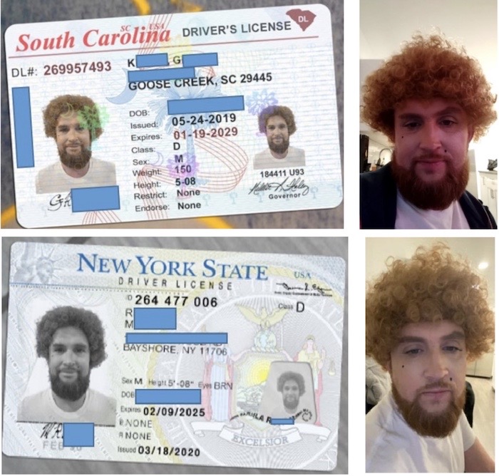 A set of screenshots showing a man wearing a wig and fake driver's licenses.
