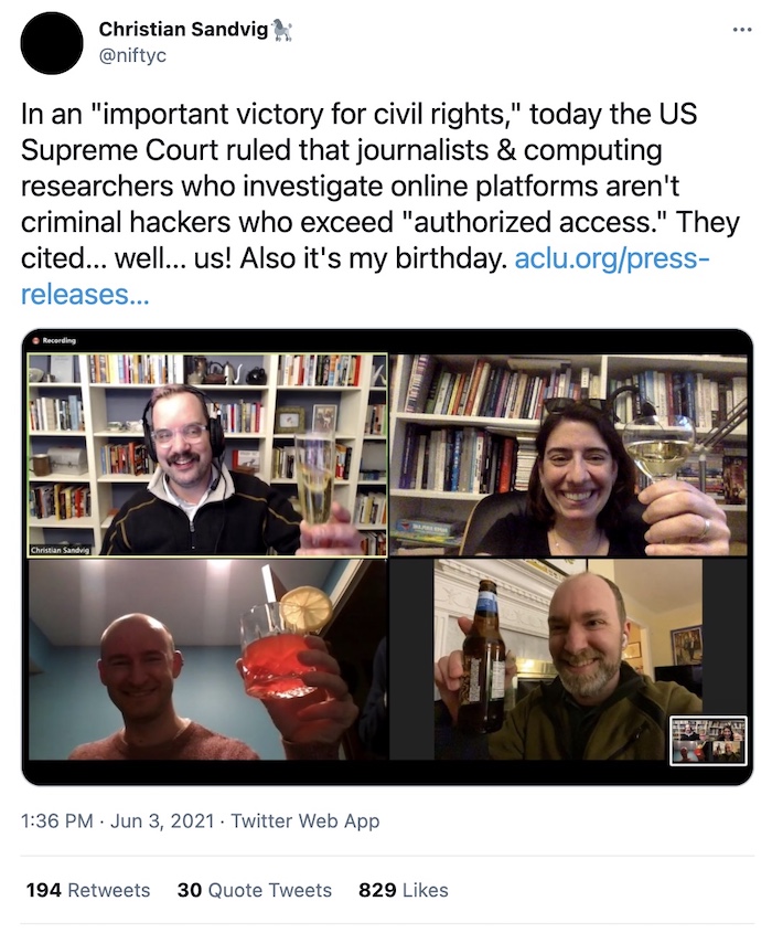 Tweet reads: "Supreme Court ruled that journalists & computing researchers who investigate online platforms aren't criminal hackers who exceed authorized access."