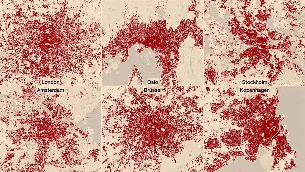 A screenshot showing maps of several European cities, including London, Oslo, Stockholm, and Amsterdam, all featuring thousands of location dots in red showing where VW vehicles have been driven or parked.