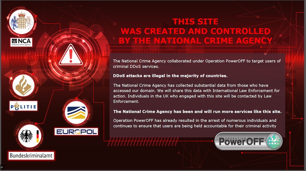 A screenshot of the splash screen set up by the National Crime Agency, which reads: "THIS SITE WAS CREATED AND CONTROLLED BY THE NATIONAL CRIME AGENCY."