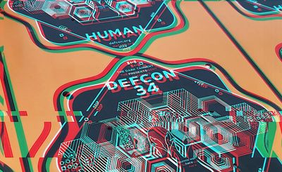 a photo of a glitchy-art look over the Def Con 34 badge, featuring an orange circuit board
