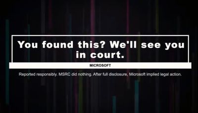a screenshot from the Pwnie Awards live stream, which reads: "You found this? We'll see you in court," naming Microsoft.