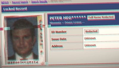 a modified and blurry photo of Pete Hegseth's driver's license photo scan available for sale on a dark web search site. some of the data is redacted.