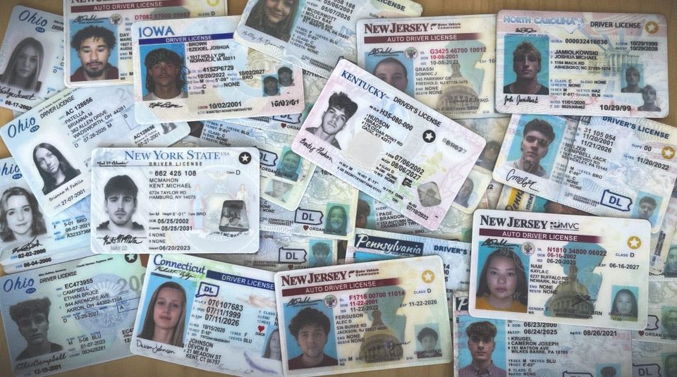 a photo of a collection of U.S. fake driver's licenses scattered across a table randomly