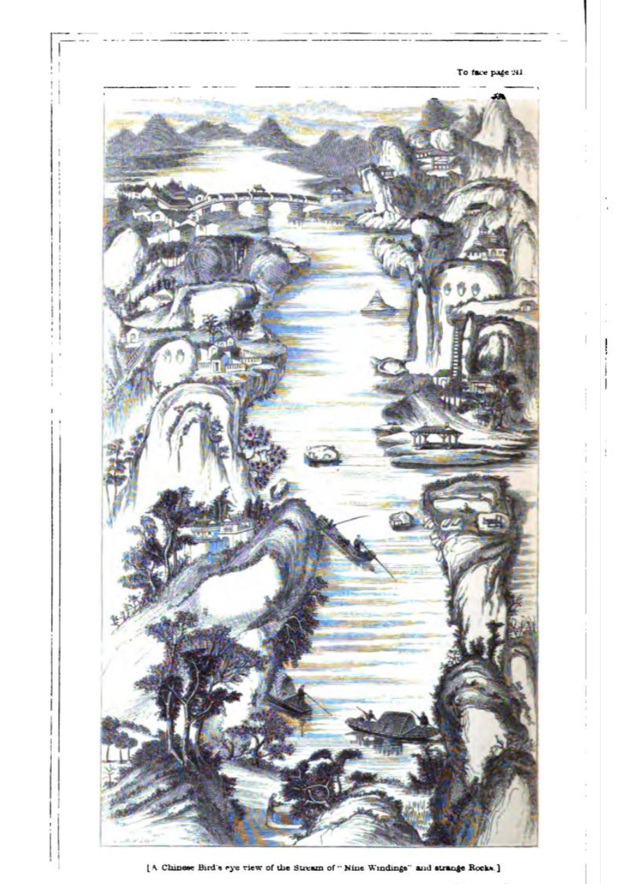 A 19th-century vintage woodblock illustration from Robert Fortune's diary depicting traditional Chinese tea farmers and landscape scenery.