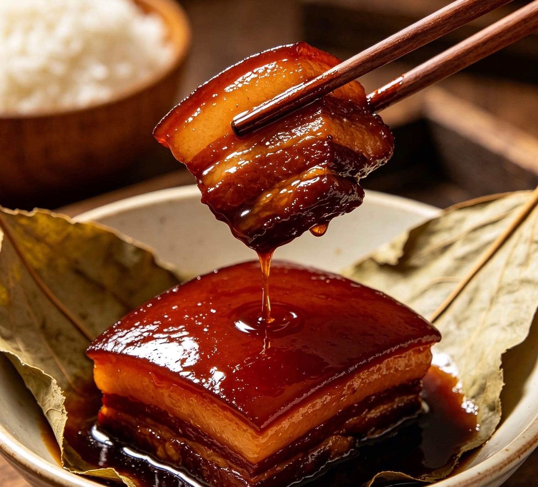 A glossy, dark mahogany-glazed cube of Dongpo Rou braised pork belly served in a traditional Chinese ceramic dish