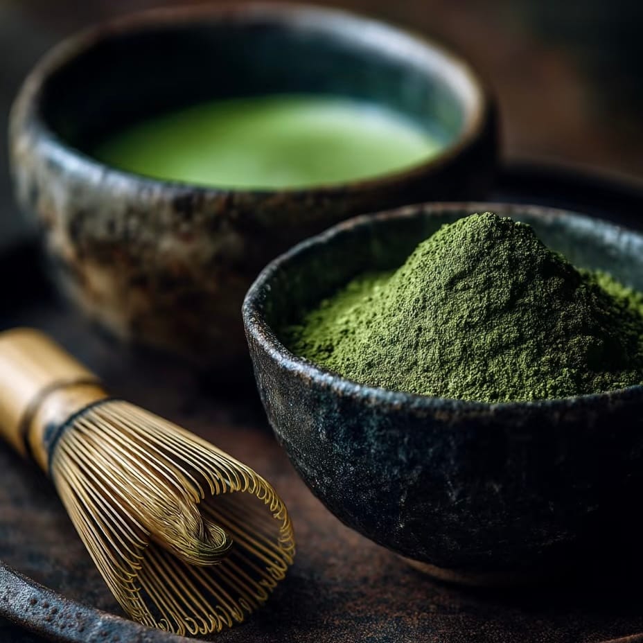 Vibrant green matcha powder inside a traditional sifter, representing the heritage of stone-ground powdered green tea.