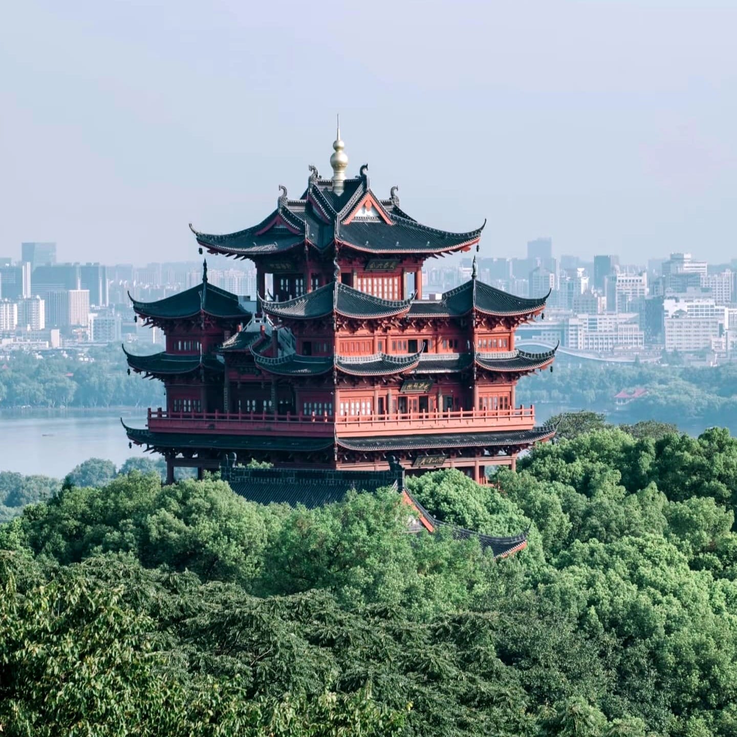 The grand traditional architecture of Hangzhou City God Temple standing proudly on top of Wushan Hill