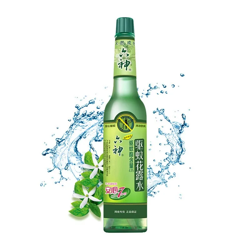 A tall green glass bottle of Liushen Toilet Water (六神花露水), a classic Chinese mosquito repellent and cooling cologne with herbal ingredients.