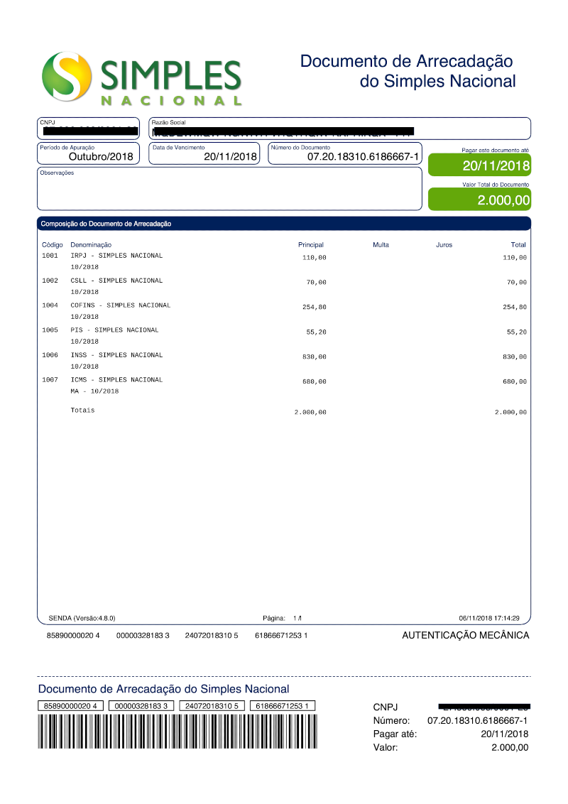 Imagem do Modelo de Documento DAS de arrecadação.