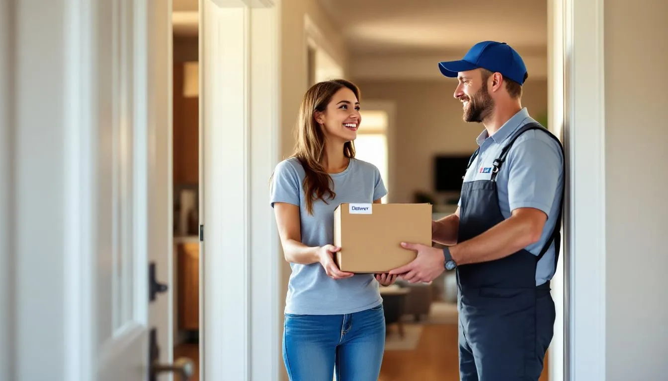 Uma imagem que representa uma entrega bem-sucedida, mostrando um pacote sendo entregue na porta de uma casa, simbolizando o sucesso do e commerce e a experiência positiva de compras em lojas virtuais.