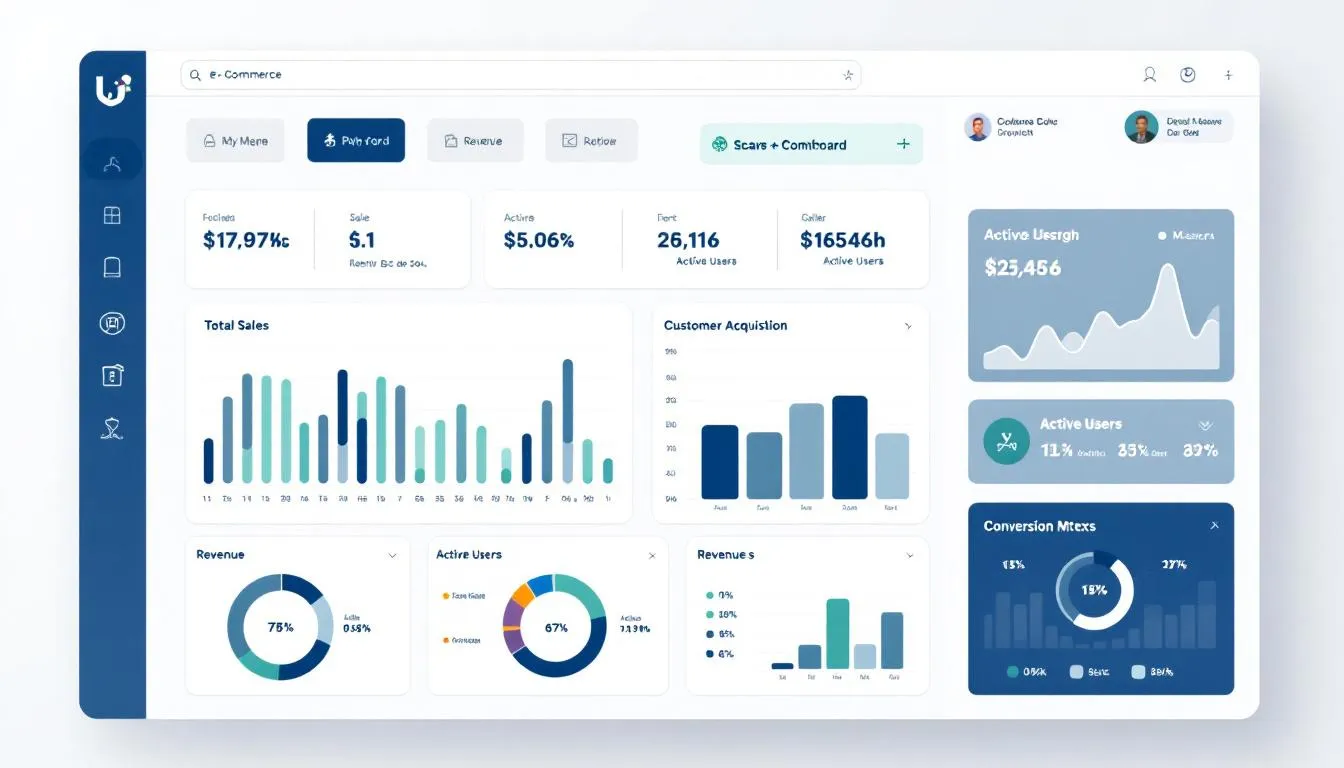 A imagem mostra um dashboard de uma loja virtual, exibindo gráficos coloridos que representam as vendas e métricas de desempenho, com informações sobre o sucesso do e commerce e as ações realizadas para otimizar o negócio online. É um ambiente digital que reflete a performance de produtos e a interação com clientes, essencial para quem deseja criar uma loja virtual.