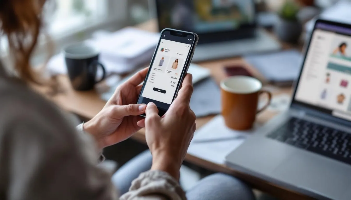 Uma pessoa está usando um smartphone para fazer compras online em uma loja virtual, navegando por produtos e adicionando itens ao carrinho. A imagem retrata a experiência de e commerce, destacando a facilidade de comprar pela internet.