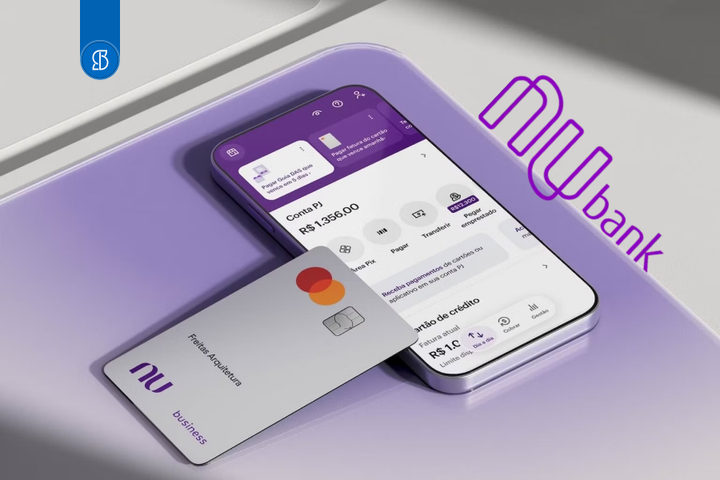 Ilustração de cartão de crédito com celular e app do Nubank