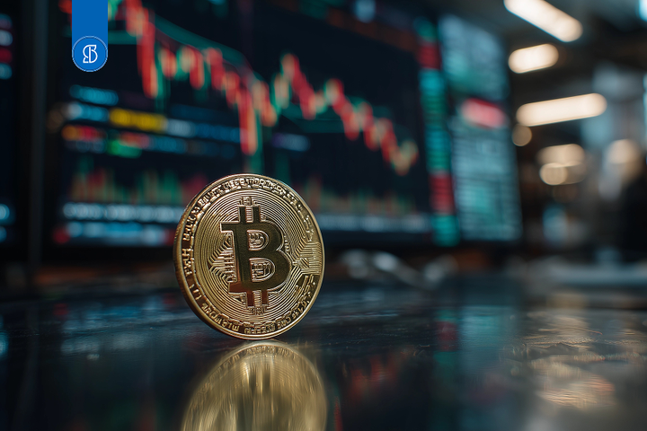 Foto de moeda de bitcoin e um computador com trading.