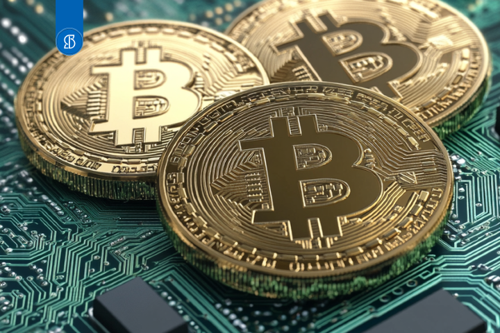 Imagem com moedas bitcoin e uma placa de computador.