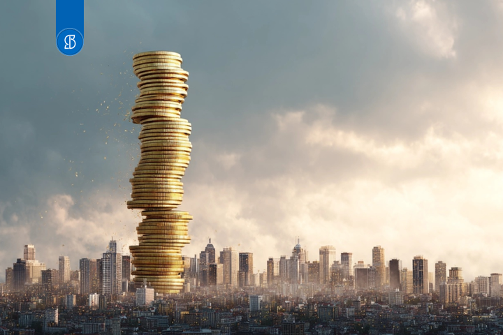 Foto de cidade com moedas de imposto.