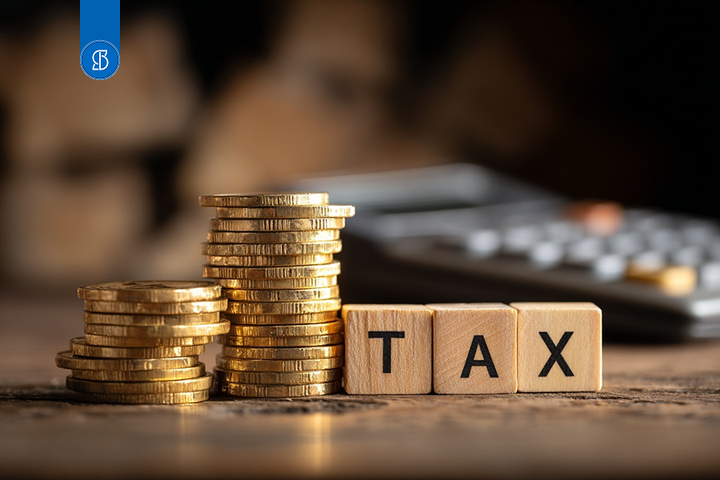Foto com moedas e imposto TAX.