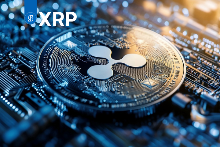 Foto com moeda XRP e computador.