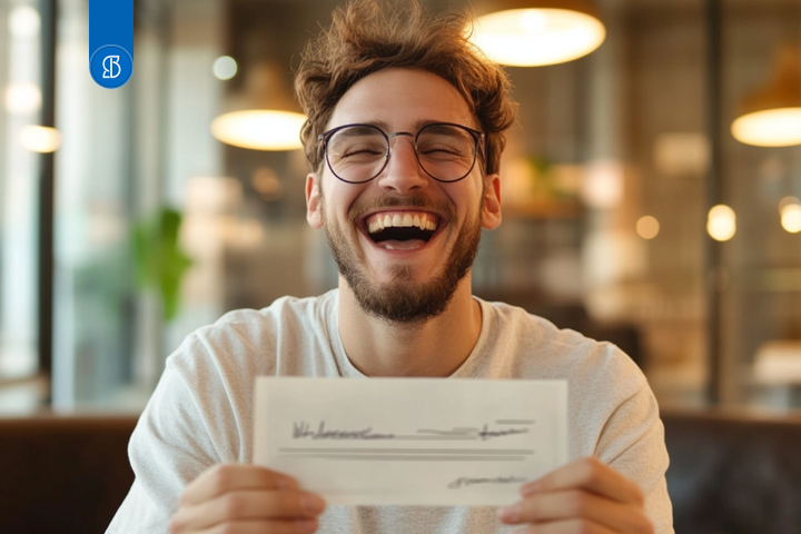 Foto com Homen feliz com o Adiantamento Salarial.