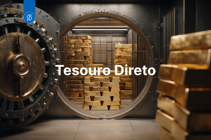 Foto com cofre do tesouro direto e barras de ouro.