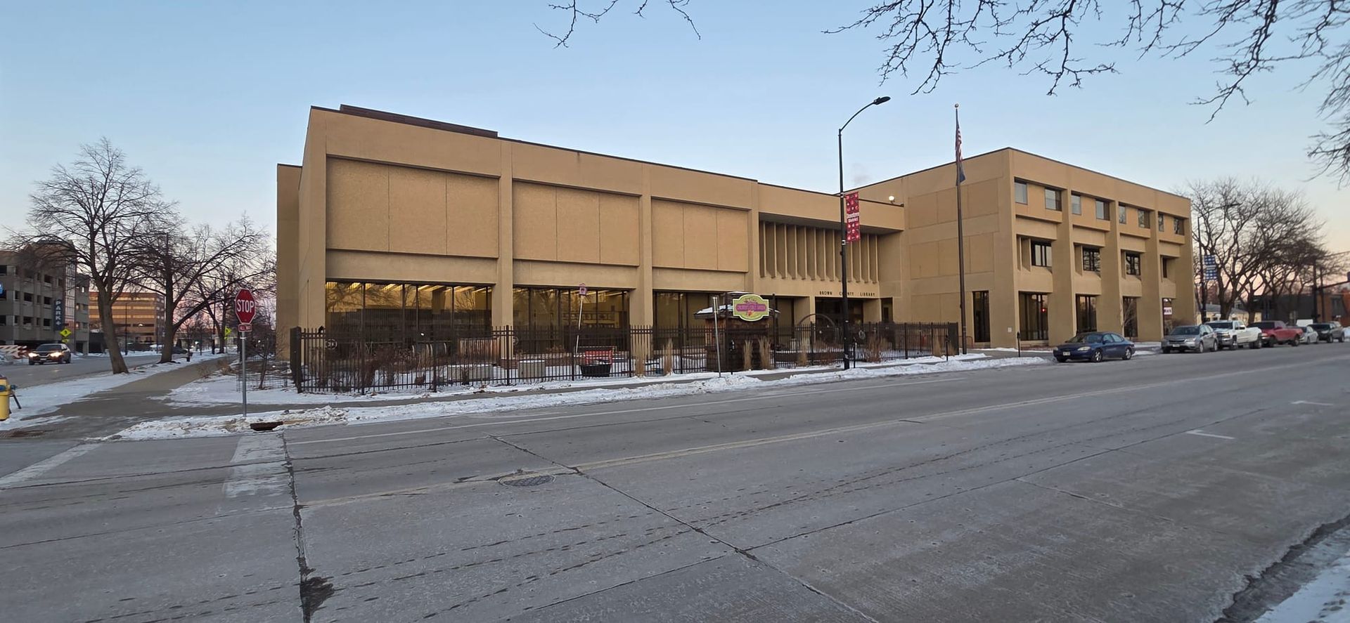 Picture of the brown county central library 12/23/2026 that shows the front facade in the afternoon 