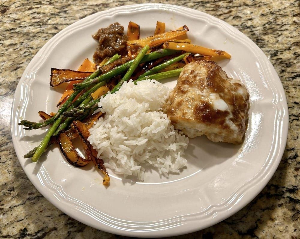 Miso-Glazed Cod with Roasted Peppers, Asparagus, and Jasmine Rice