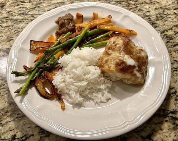 Miso-Glazed Cod with Roasted Peppers, Asparagus, and Jasmine Rice