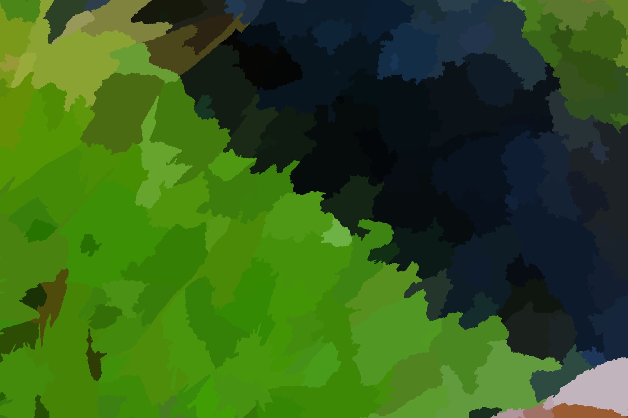 A shaggy green texture, with a streak of rocky black cutting through it.