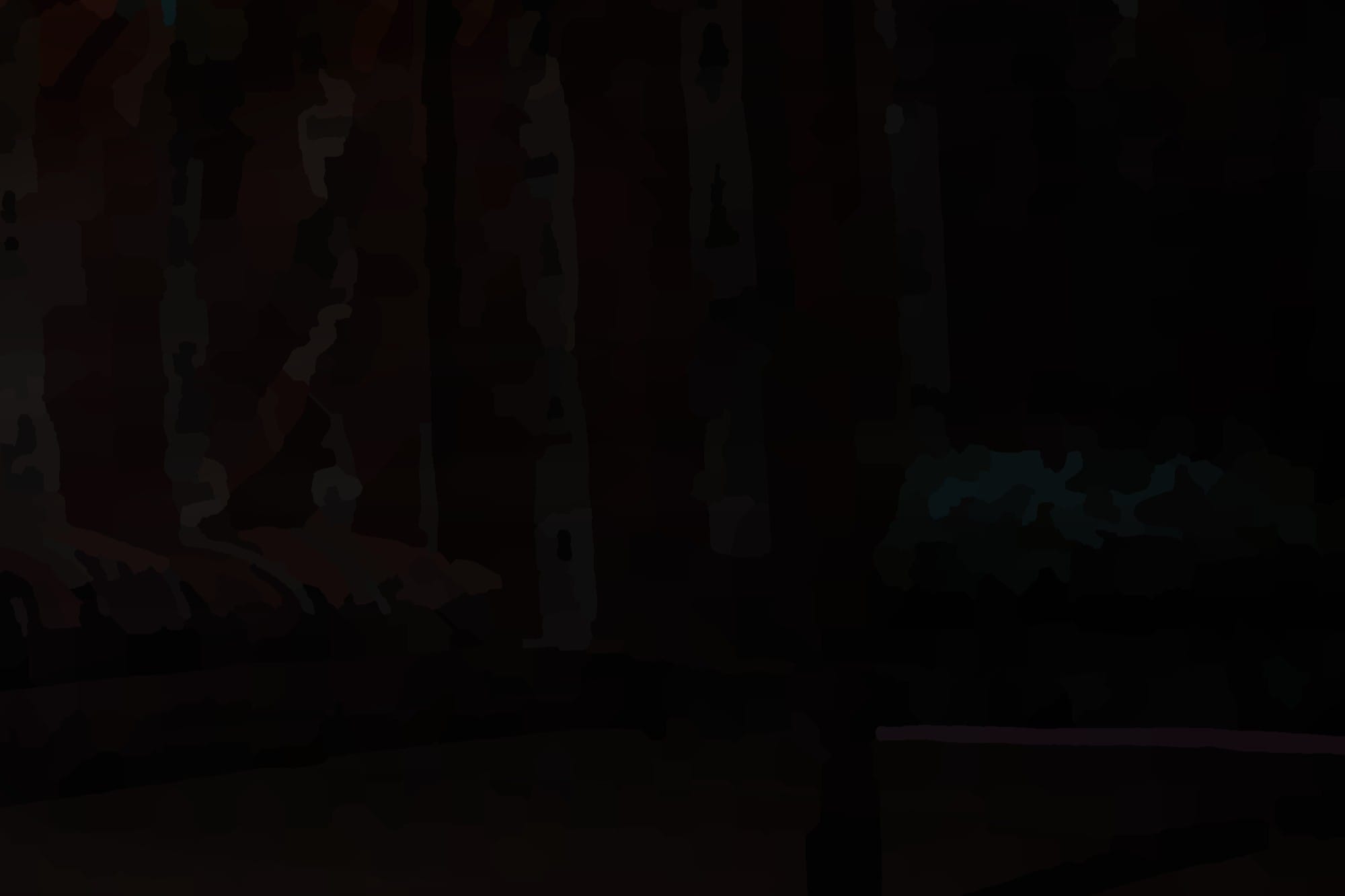 A dark, but warm room, with soft, maroon textures and patterns.