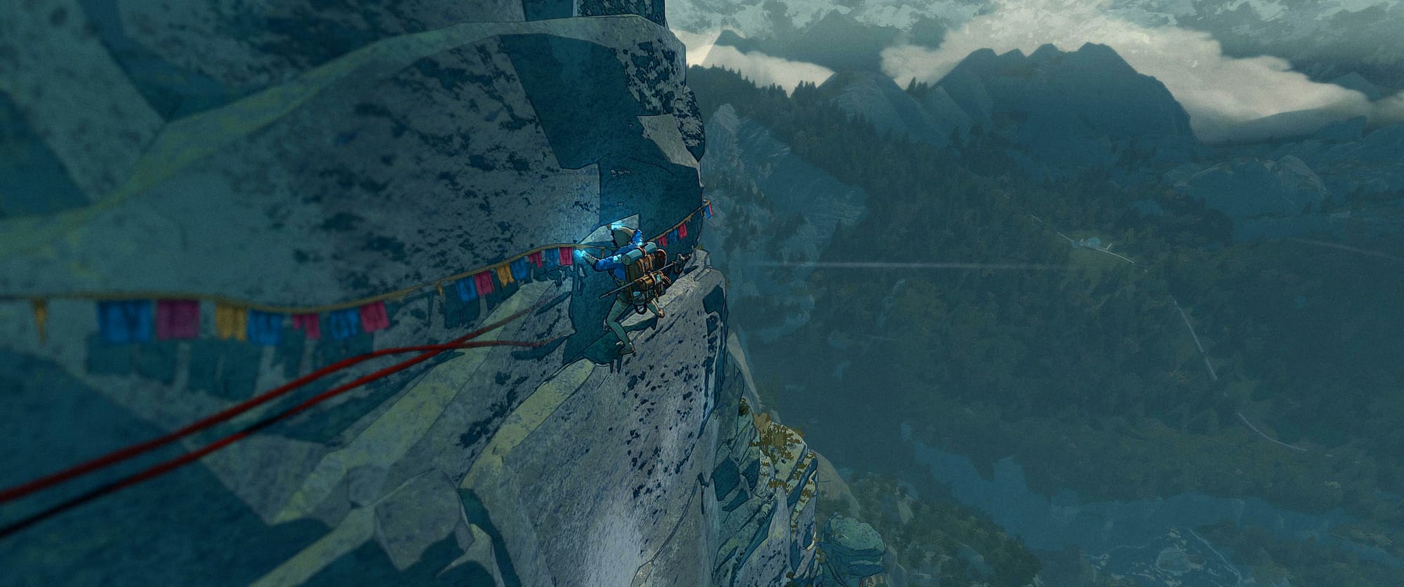 Ava shimmies along a narrow path on a cliff face, a long drop below her.