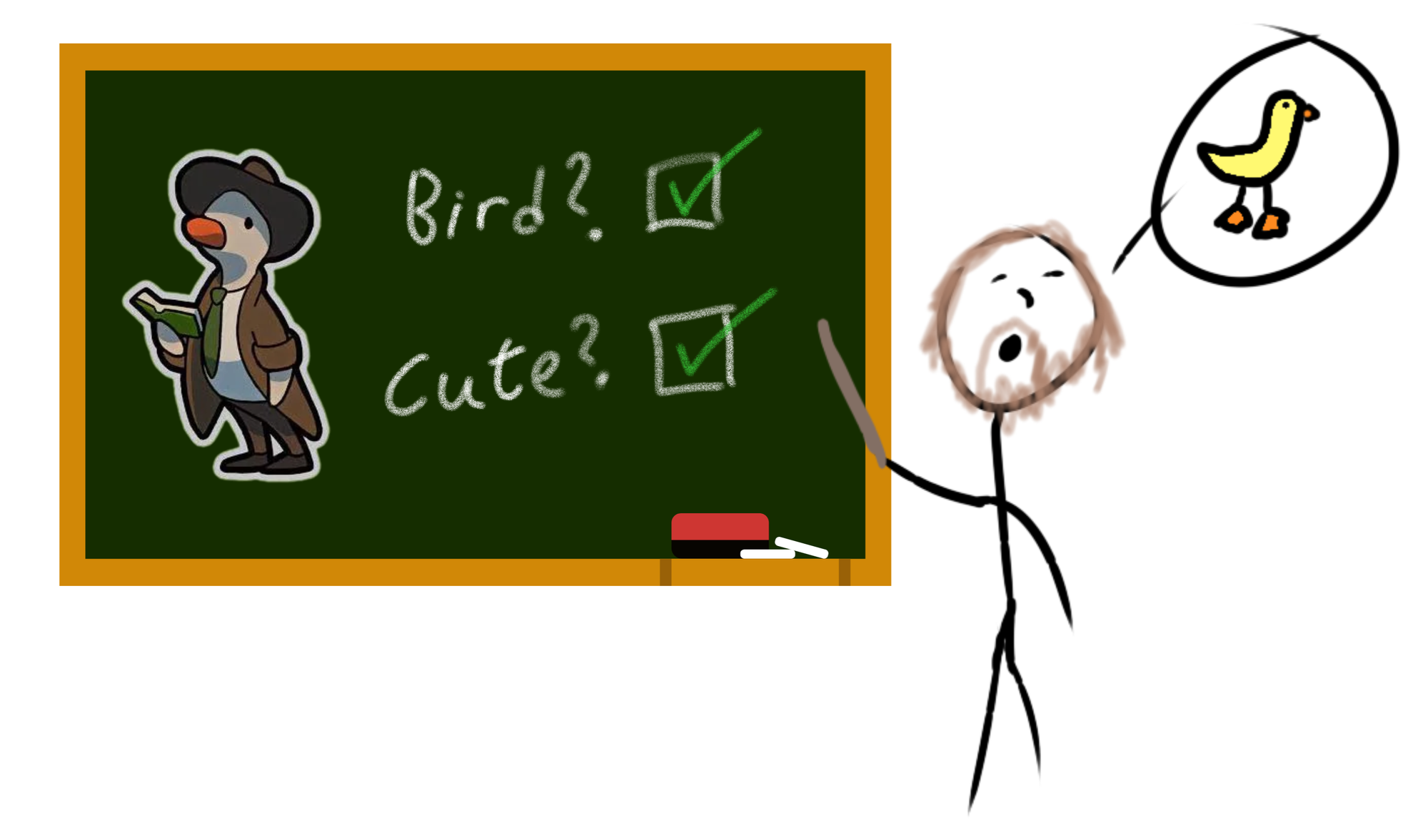 Will saying a picture of a duck, pointing to a blackboard that says: Bird? Check. Cute? Check
