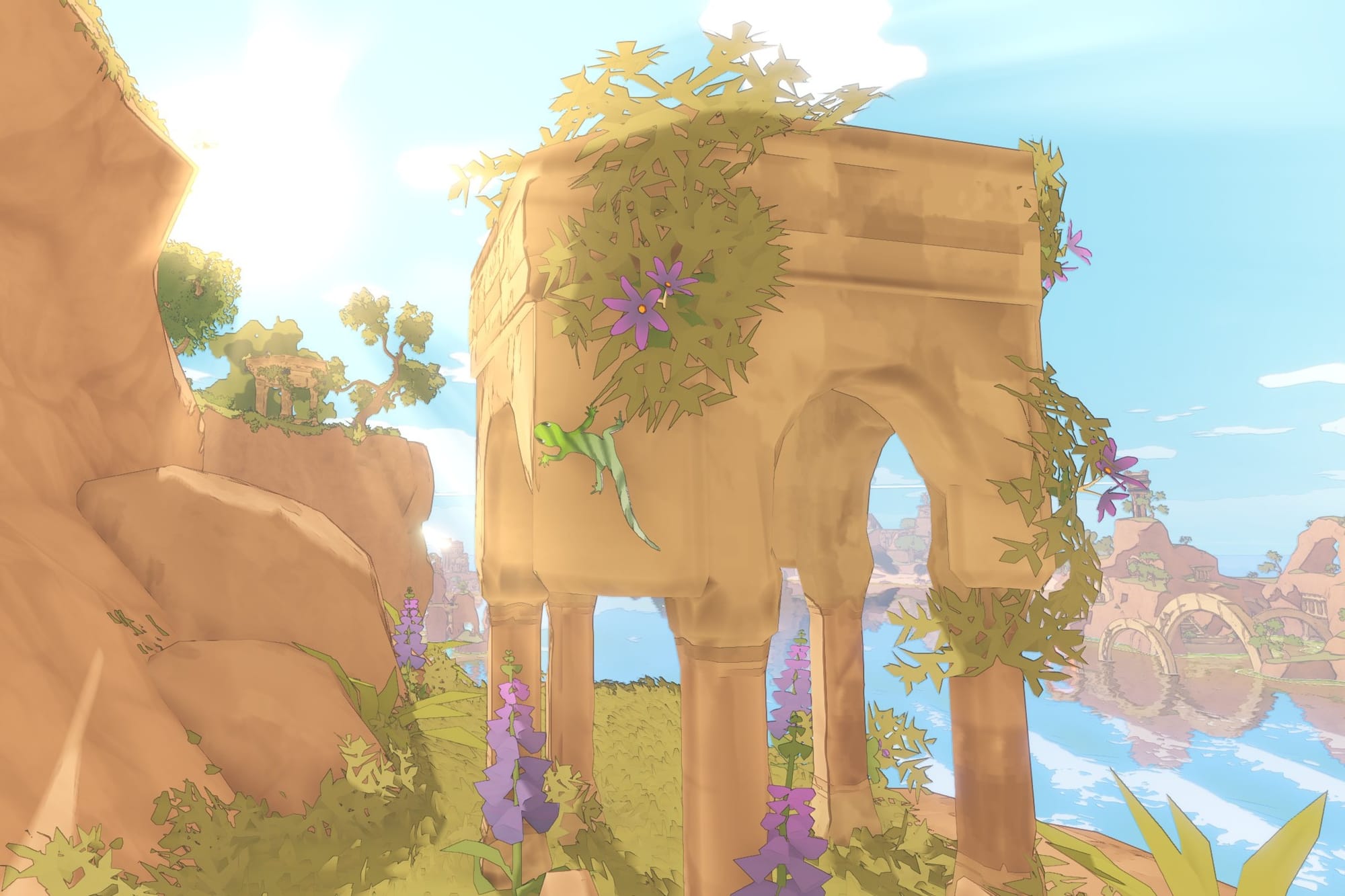 A green gecko sticks to the site of a ruined structure overgrown with flowers. The sun glares across the camera's lens.