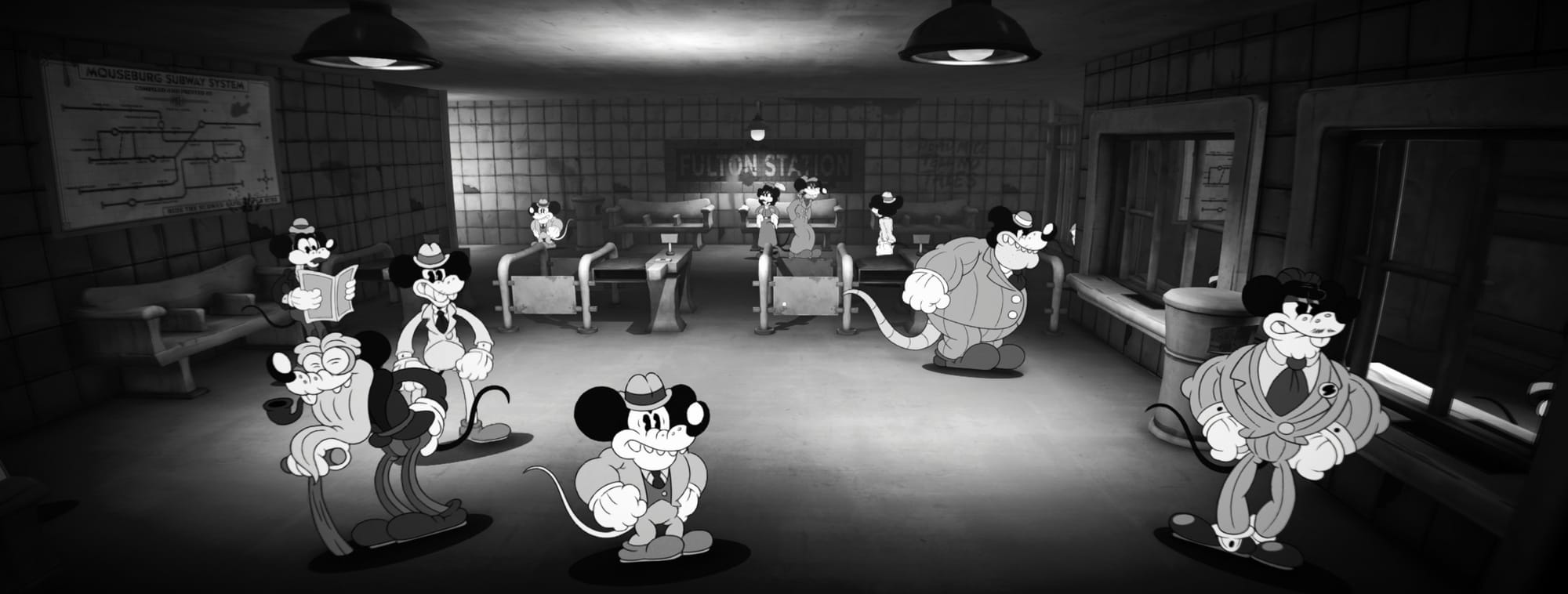 A train station full of old-timey cartoon mice, in greyscale.