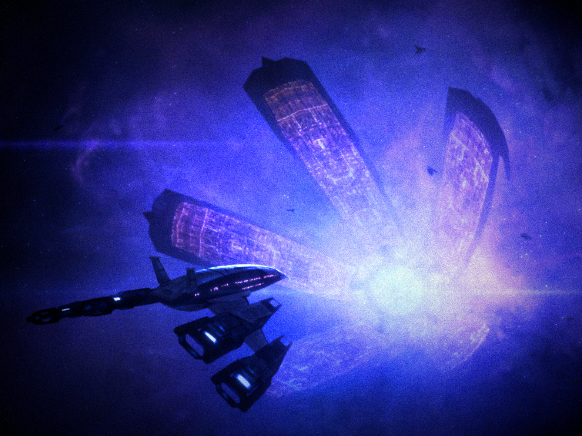 The Normandy from Mass Effect coming in to land on the Citadel.