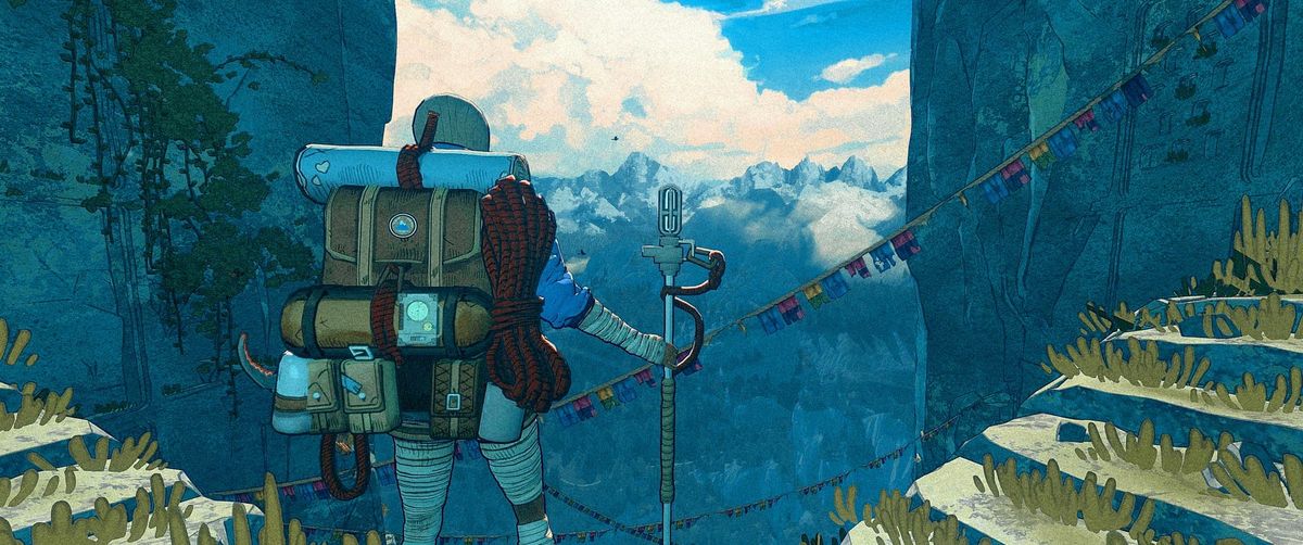 Aava looks over the valley below, staff in hand.