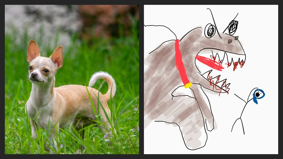 A chihuahua on the left and a drawing of a very ferocious, huge creature with blood dripping from its sharp teeth, looming over a small, scared woman