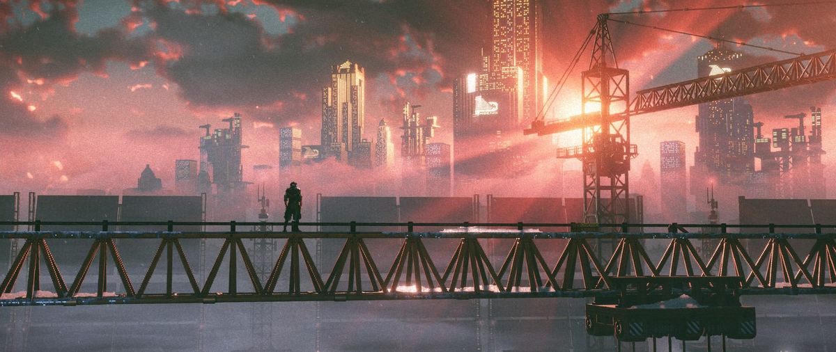 Ya boi looks out over the city from atop a crane, the sunrise breaking from behind the skyscrapers