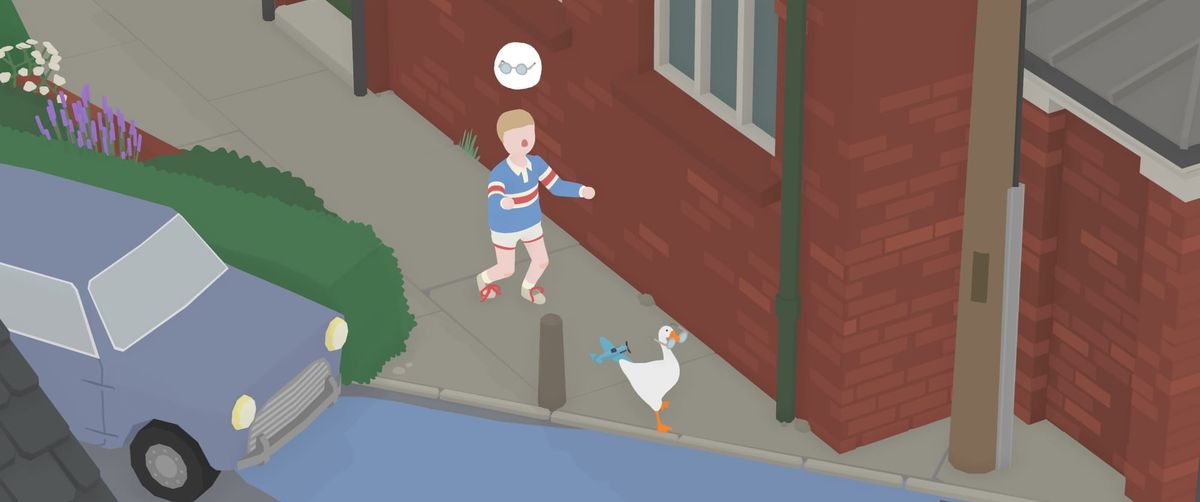 A goose holding glasses running from a boy who needs glasses to see