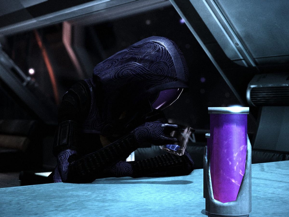 Tali from Mass Effect drinking alone at a bar, with space and stars out the window behind her.