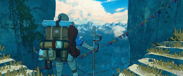 Aava looks over the valley below, staff in hand.